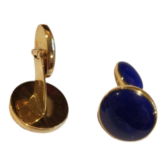 18K GOLD BLUESTONE LAPIS LAZULI DESIGNS ROUND BEZEL CUFFLINKS - Picture 5 of 7